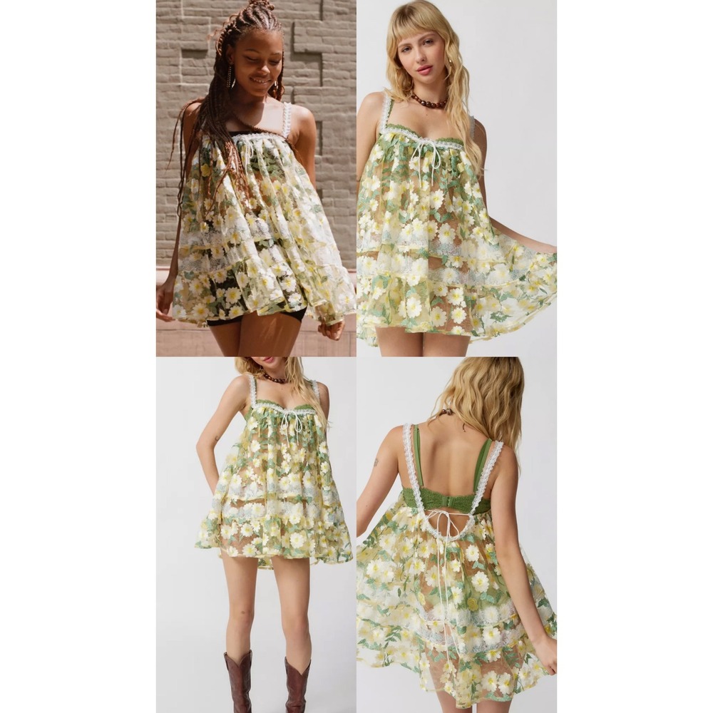 For Love & Lemons Daisy Embroidery Lace Mini Dress Yellow Green Floral Small